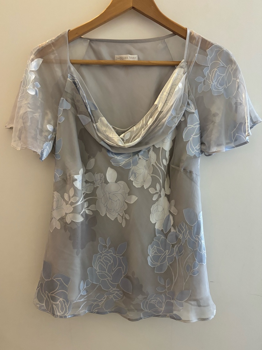 Jacques Vert Grey Blue Floral Cowl Neck Silk Blend Blouse CA 8
